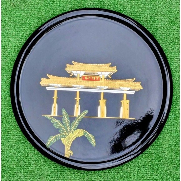 VTG Japanese Kuniyoshi Lacquerware Gate/Temple/Shrine Large Platter 14" Tray NOS - Picture 3 of 6